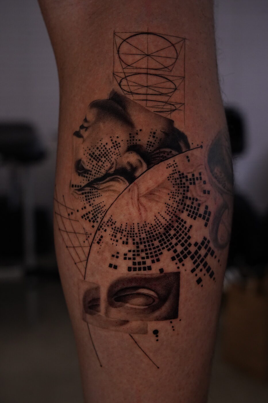 Black and grey surrealism tattoo by Zackel