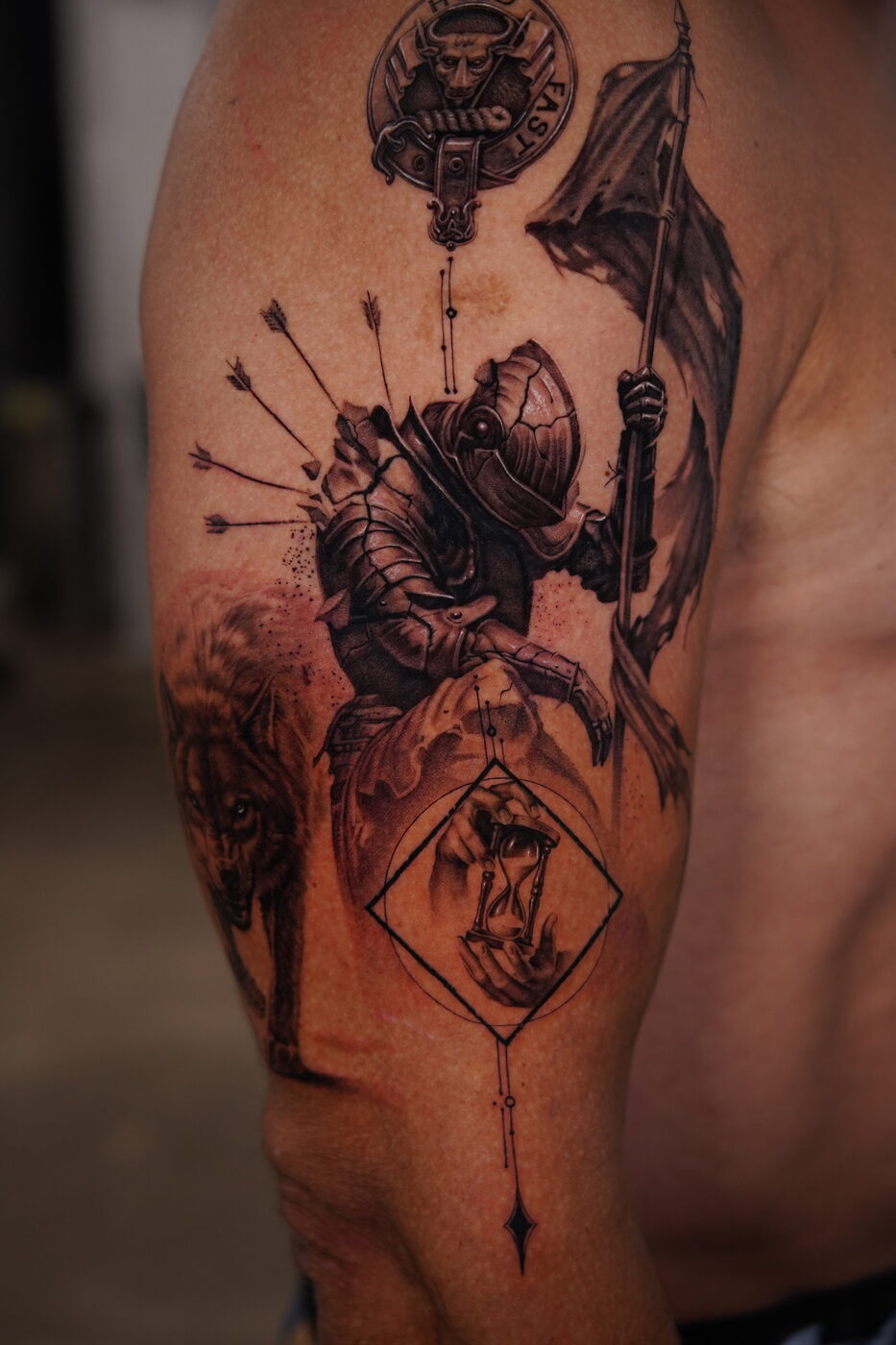 Black and grey surrealism tattoo by Zackel